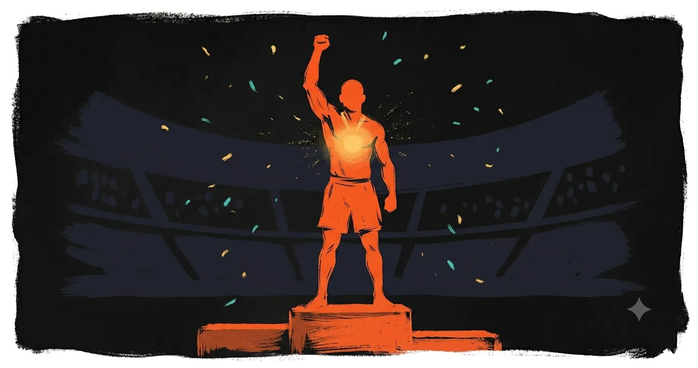 A victorious grappler with one arm raised on a podium, painted in fire-orange brushstrokes, with a glowing gold medal and an arena silhouette behind