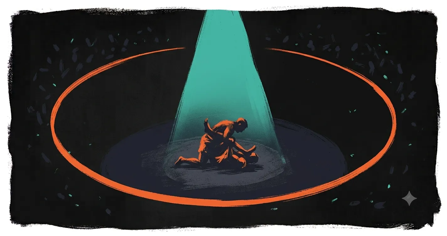 Stylized view of the UFC BJJ Bowl with two grapplers under arena lights